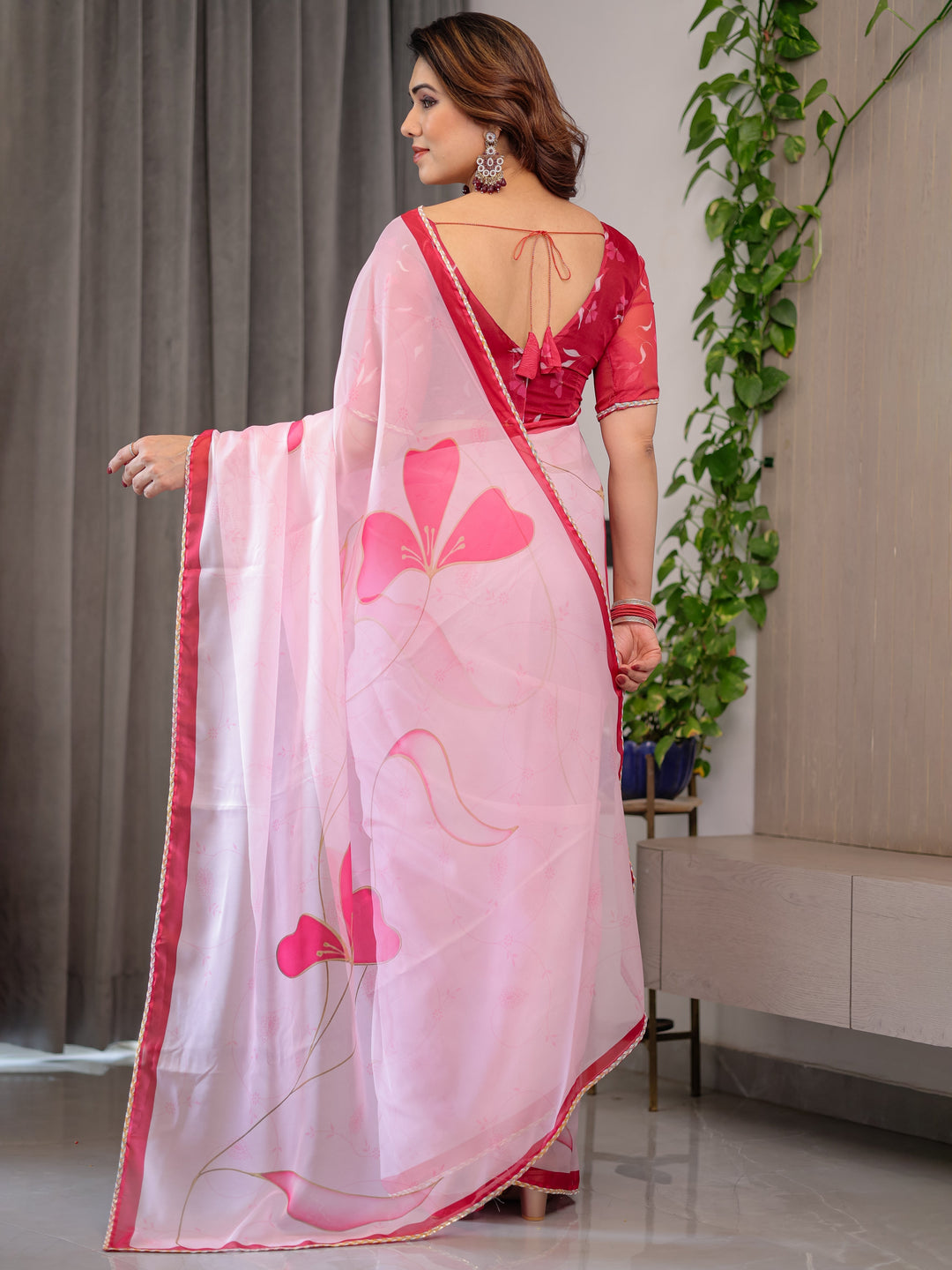 Blush Pink Floral Printed Organza Saree with Red Multicolour Lace Border | Lightweight Designer Organza Saree with Attached Blouse Piece | Elegant Festive & Party Wear Saree