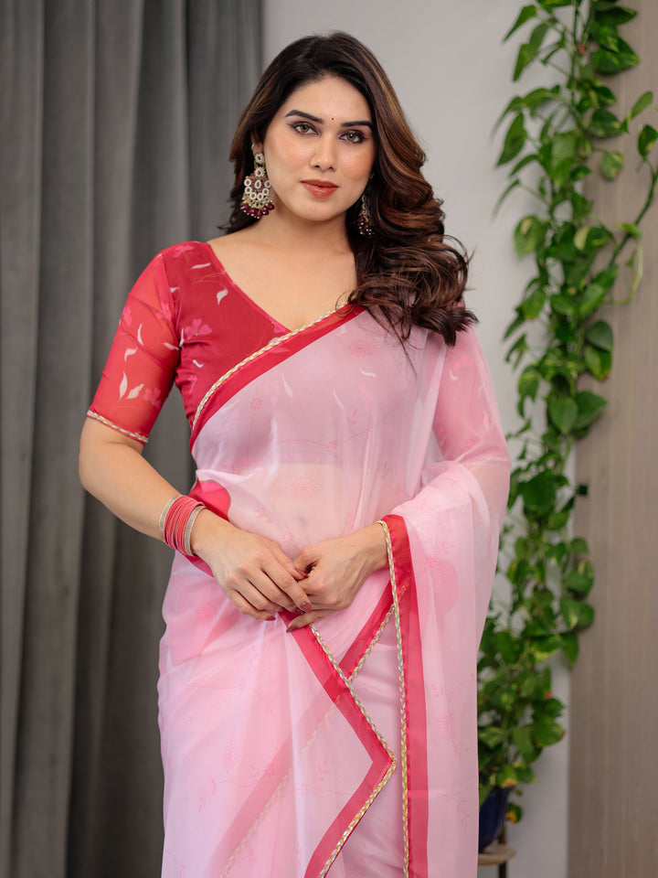 Blush Pink Floral Printed Organza Saree with Red Multicolour Lace Border | Lightweight Designer Organza Saree with Attached Blouse Piece | Elegant Festive & Party Wear Saree
