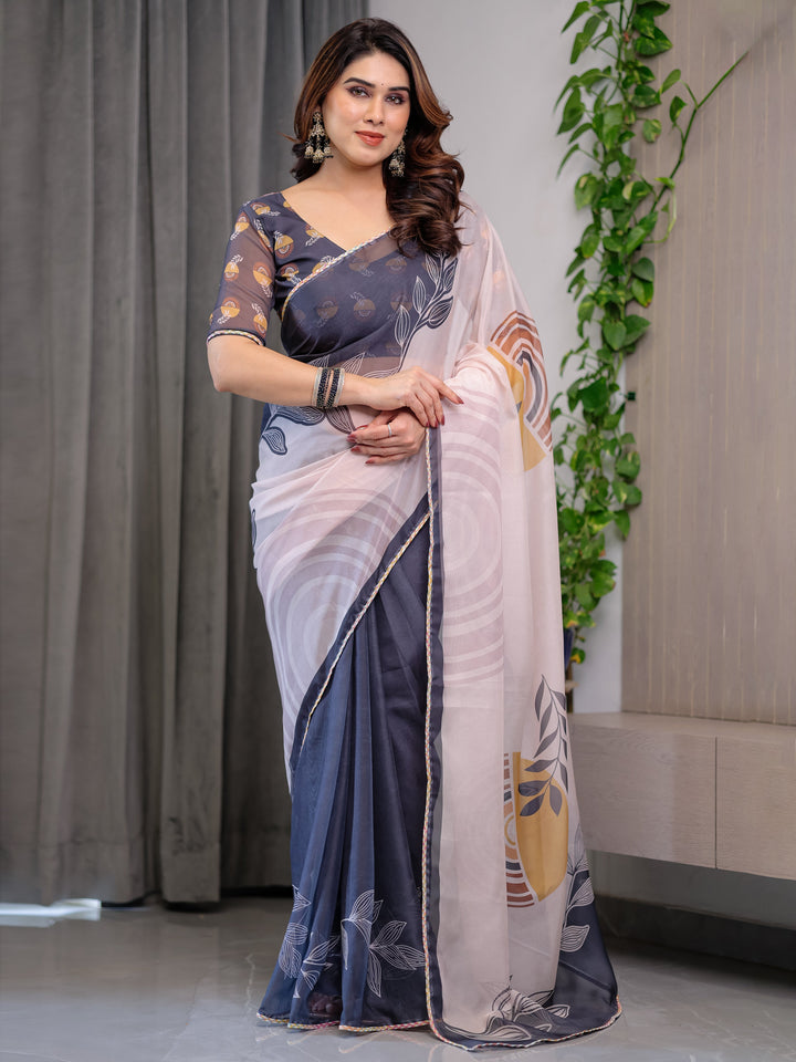 Grey & Ivory Abstract Printed Organza Saree with Multicolour Lace Border | Designer Lightweight Organza Saree with Attached Blouse Piece | Elegant Contemporary Festive Saree