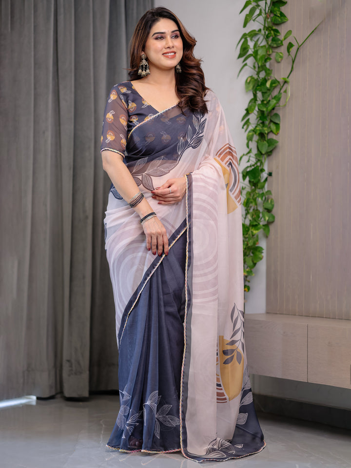 Grey & Ivory Abstract Printed Organza Saree with Multicolour Lace Border | Designer Lightweight Organza Saree with Attached Blouse Piece | Elegant Contemporary Festive Saree