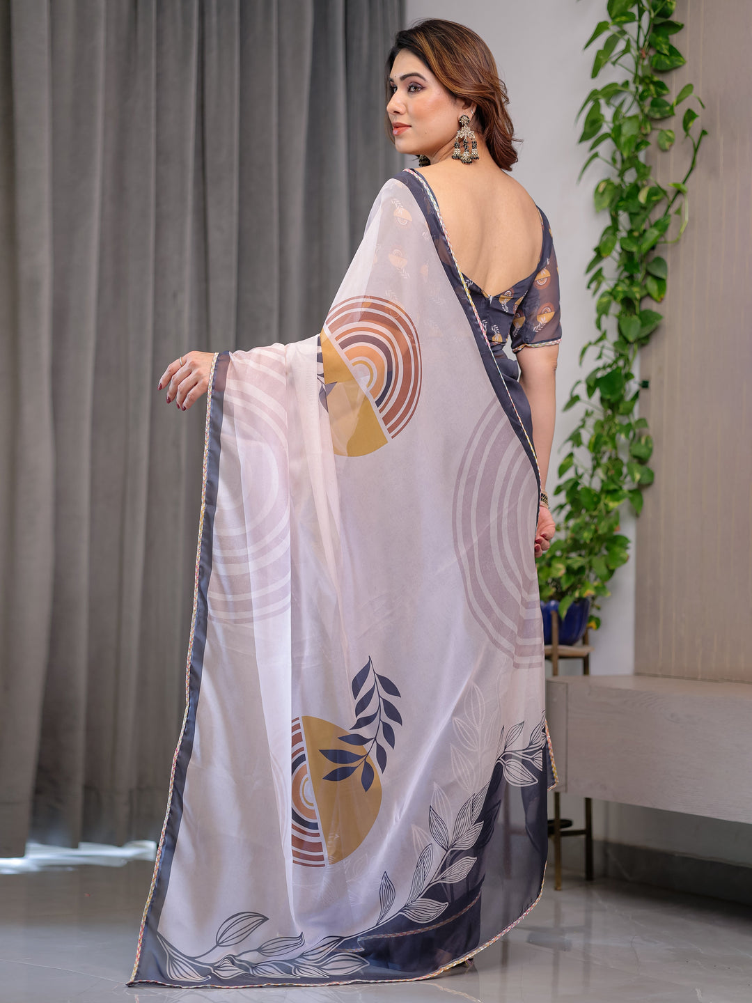 Grey & Ivory Abstract Printed Organza Saree with Multicolour Lace Border | Designer Lightweight Organza Saree with Attached Blouse Piece | Elegant Contemporary Festive Saree