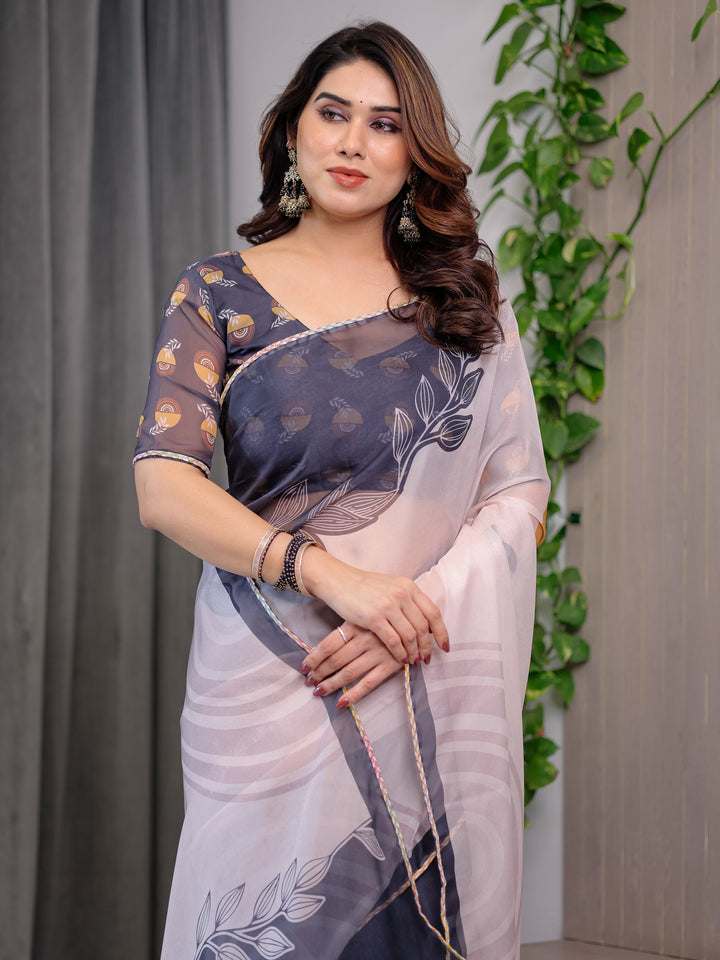 Grey & Ivory Abstract Printed Organza Saree with Multicolour Lace Border | Designer Lightweight Organza Saree with Attached Blouse Piece | Elegant Contemporary Festive Saree