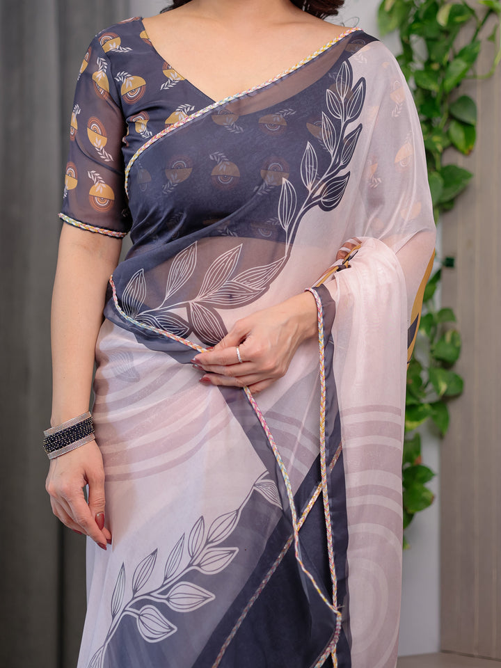 Grey & Ivory Abstract Printed Organza Saree with Multicolour Lace Border | Designer Lightweight Organza Saree with Attached Blouse Piece | Elegant Contemporary Festive Saree