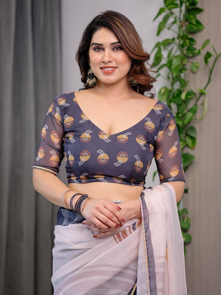 Grey & Ivory Abstract Printed Organza Saree with Multicolour Lace Border | Designer Lightweight Organza Saree with Attached Blouse Piece | Elegant Contemporary Festive Saree