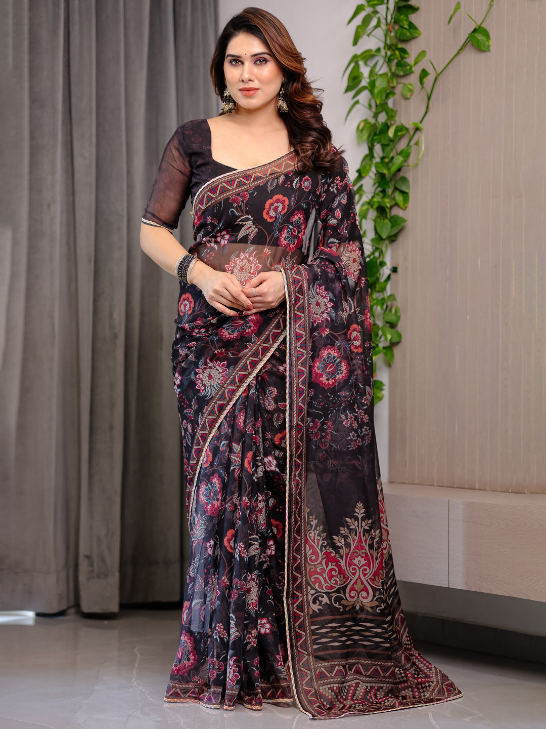 Black Floral Printed Organza Saree with Ethnic Border & Ornamental Pallu | Designer Sheer Organza Saree with Traditional Motifs & Blouse Piece | Elegant Festive & Party Wear Saree