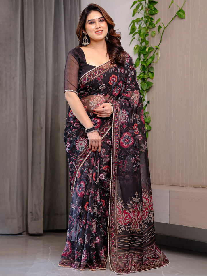Black Floral Printed Organza Saree with Ethnic Border & Ornamental Pallu | Designer Sheer Organza Saree with Traditional Motifs & Blouse Piece | Elegant Festive & Party Wear Saree