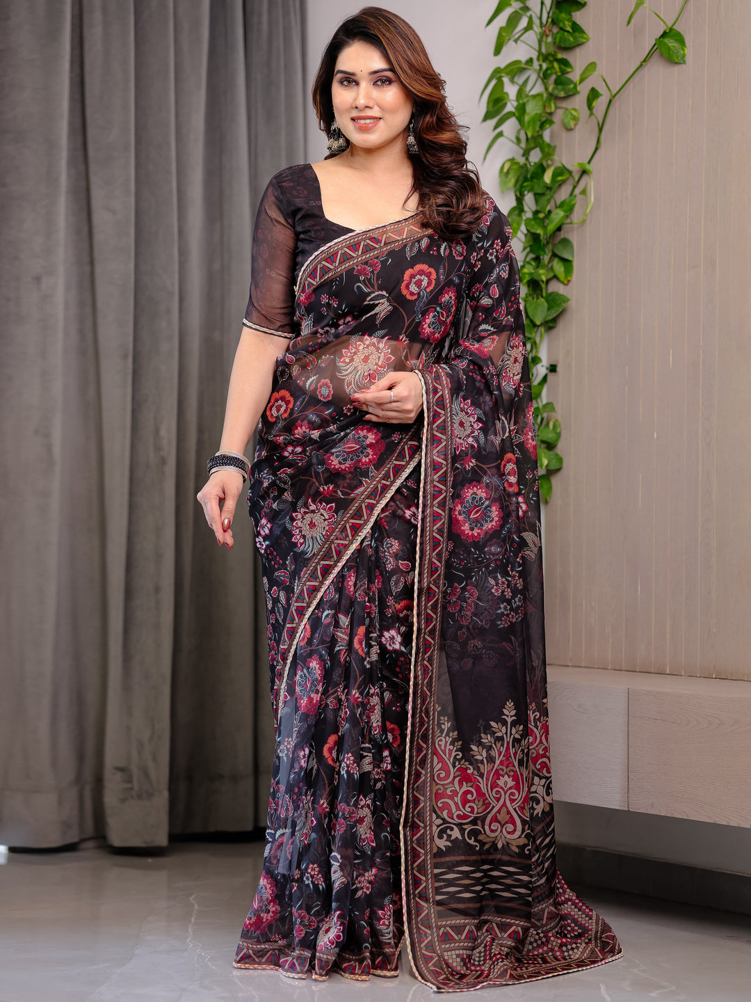 Black Floral Printed Organza Saree with Ethnic Border & Ornamental Pallu | Designer Sheer Organza Saree with Traditional Motifs & Blouse Piece | Elegant Festive & Party Wear Saree