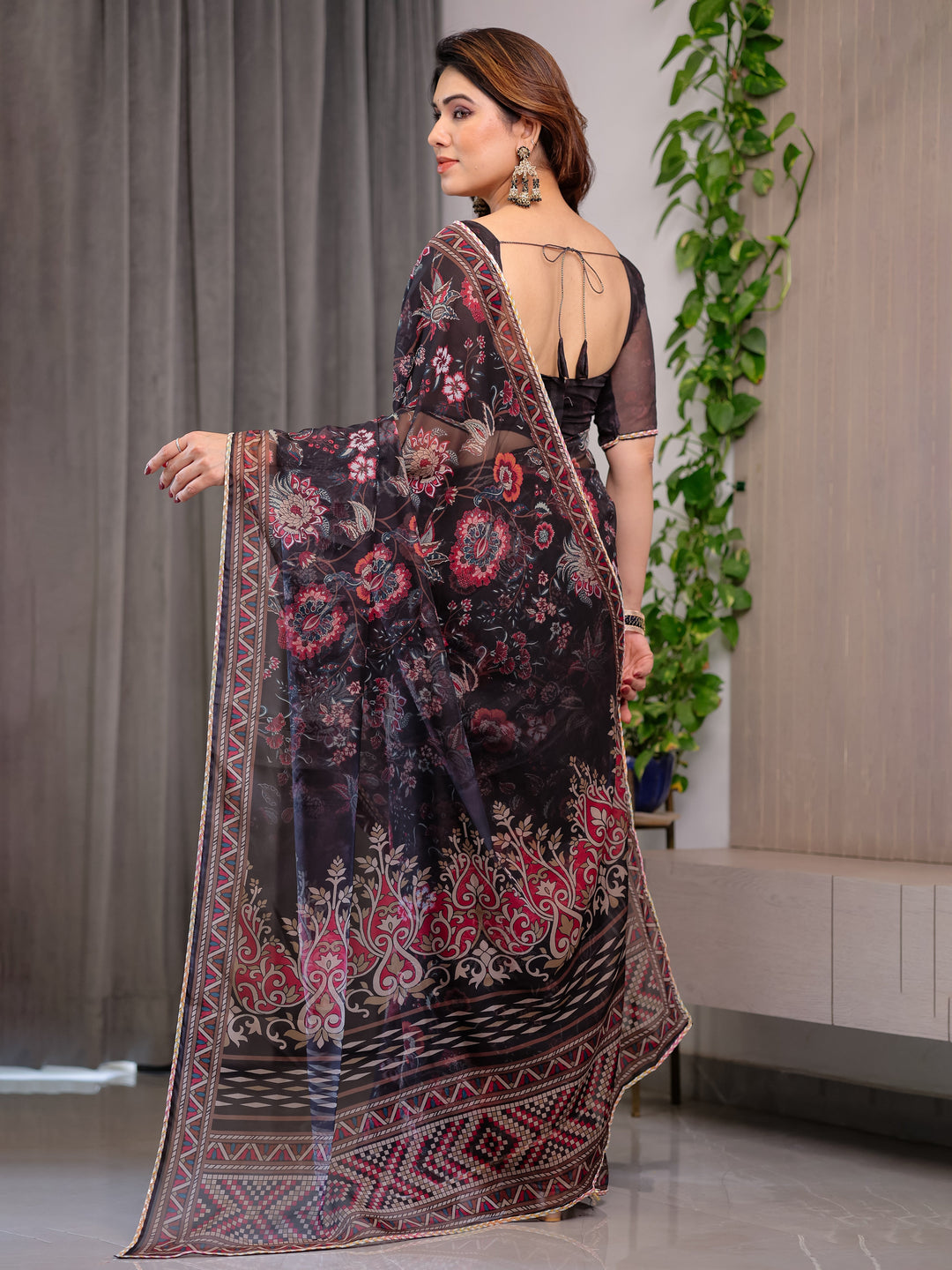Black Floral Printed Organza Saree with Ethnic Border & Ornamental Pallu | Designer Sheer Organza Saree with Traditional Motifs & Blouse Piece | Elegant Festive & Party Wear Saree
