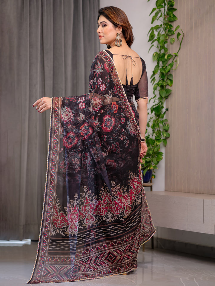 Black Floral Printed Organza Saree with Ethnic Border & Ornamental Pallu | Designer Sheer Organza Saree with Traditional Motifs & Blouse Piece | Elegant Festive & Party Wear Saree