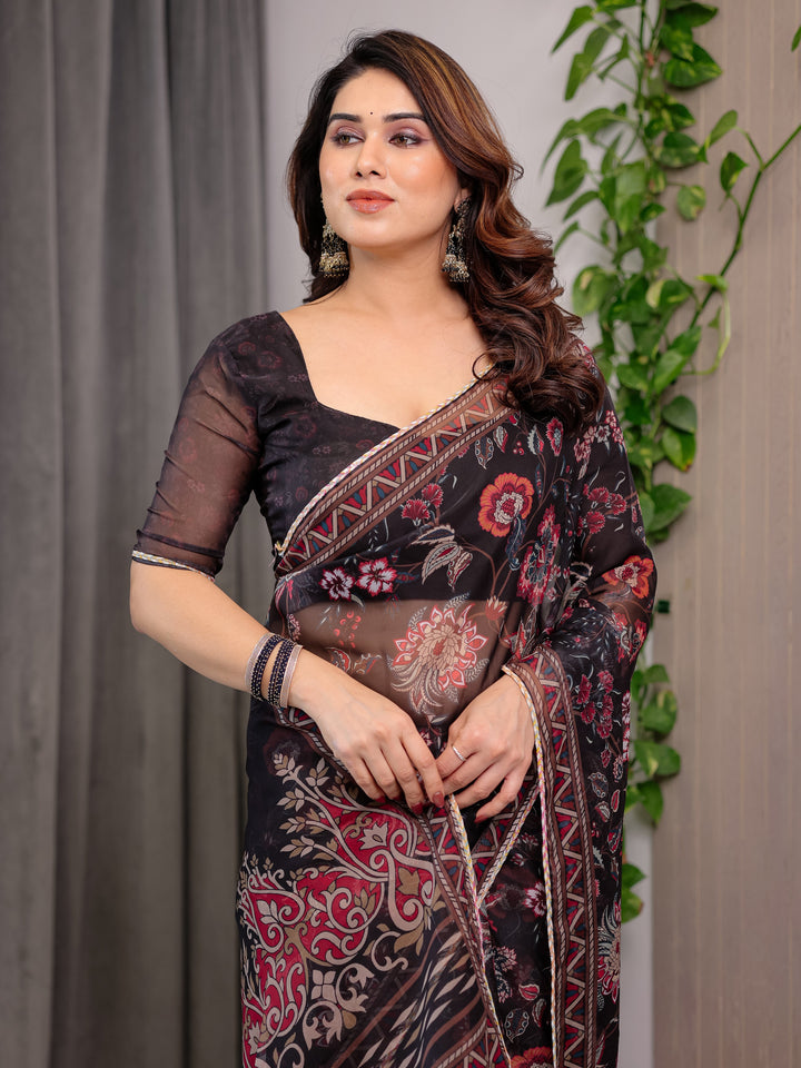 Black Floral Printed Organza Saree with Ethnic Border & Ornamental Pallu | Designer Sheer Organza Saree with Traditional Motifs & Blouse Piece | Elegant Festive & Party Wear Saree