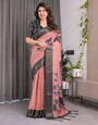 Blush Pink Handloom Linen Saree with Artistic Bearded Face Pallu Print & Black Zari Border | Attached Blouse | 5.5m Saree + 0.8m Blouse