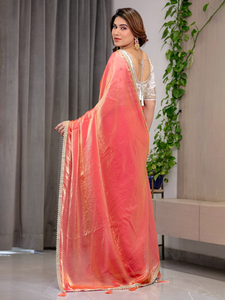 Coral Peach Fendy Satin Saree with Pearl Lace Border & Tassels | Premium Shimmer Satin Saree with Heavy Embroidered Designer Blouse | Zari Floral Embroidery Blouse Saree for Wedding & Festive Wear