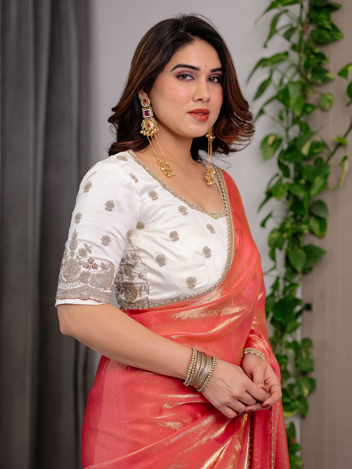 Coral Peach Fendy Satin Saree with Pearl Lace Border & Tassels | Premium Shimmer Satin Saree with Heavy Embroidered Designer Blouse | Zari Floral Embroidery Blouse Saree for Wedding & Festive Wear