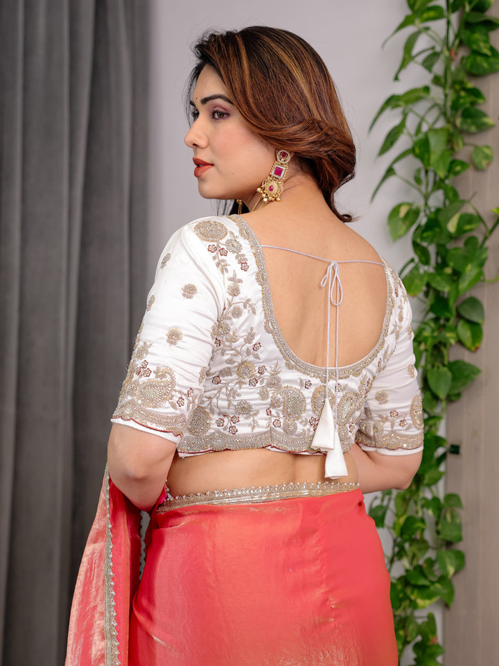 Coral Peach Fendy Satin Saree with Pearl Lace Border & Tassels | Premium Shimmer Satin Saree with Heavy Embroidered Designer Blouse | Zari Floral Embroidery Blouse Saree for Wedding & Festive Wear