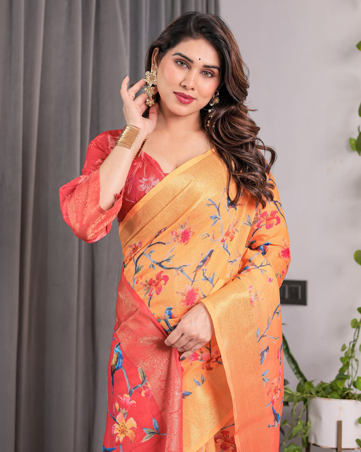 Sunset Orange Handloom Linen Saree with Bluebird & Floral Digital Print | Contrasting Red Pallu & Gold Zari Border | Tassel Detailing | Attached Blouse | 5.5m Saree + 0.8m Blouse