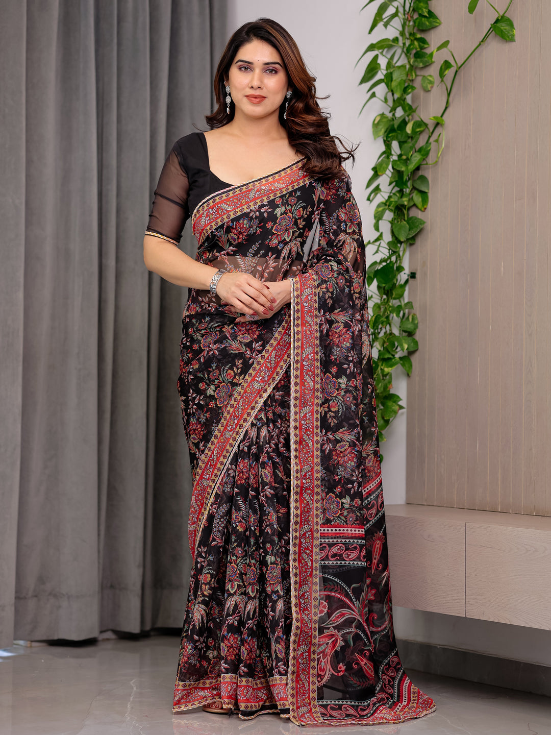 Black Designer Floral Printed Organza Saree with Traditional Paisley Border | Lightweight Sheer Organza Saree with Ethnic Motifs & Attached Blouse Piece | Festive & Party Wear Saree