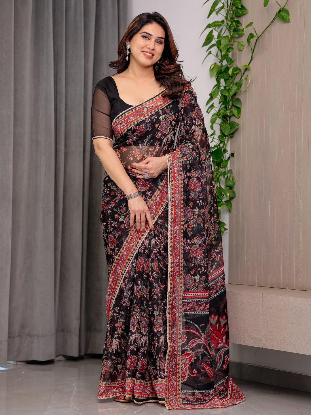 Black Designer Floral Printed Organza Saree with Traditional Paisley Border | Lightweight Sheer Organza Saree with Ethnic Motifs & Attached Blouse Piece | Festive & Party Wear Saree
