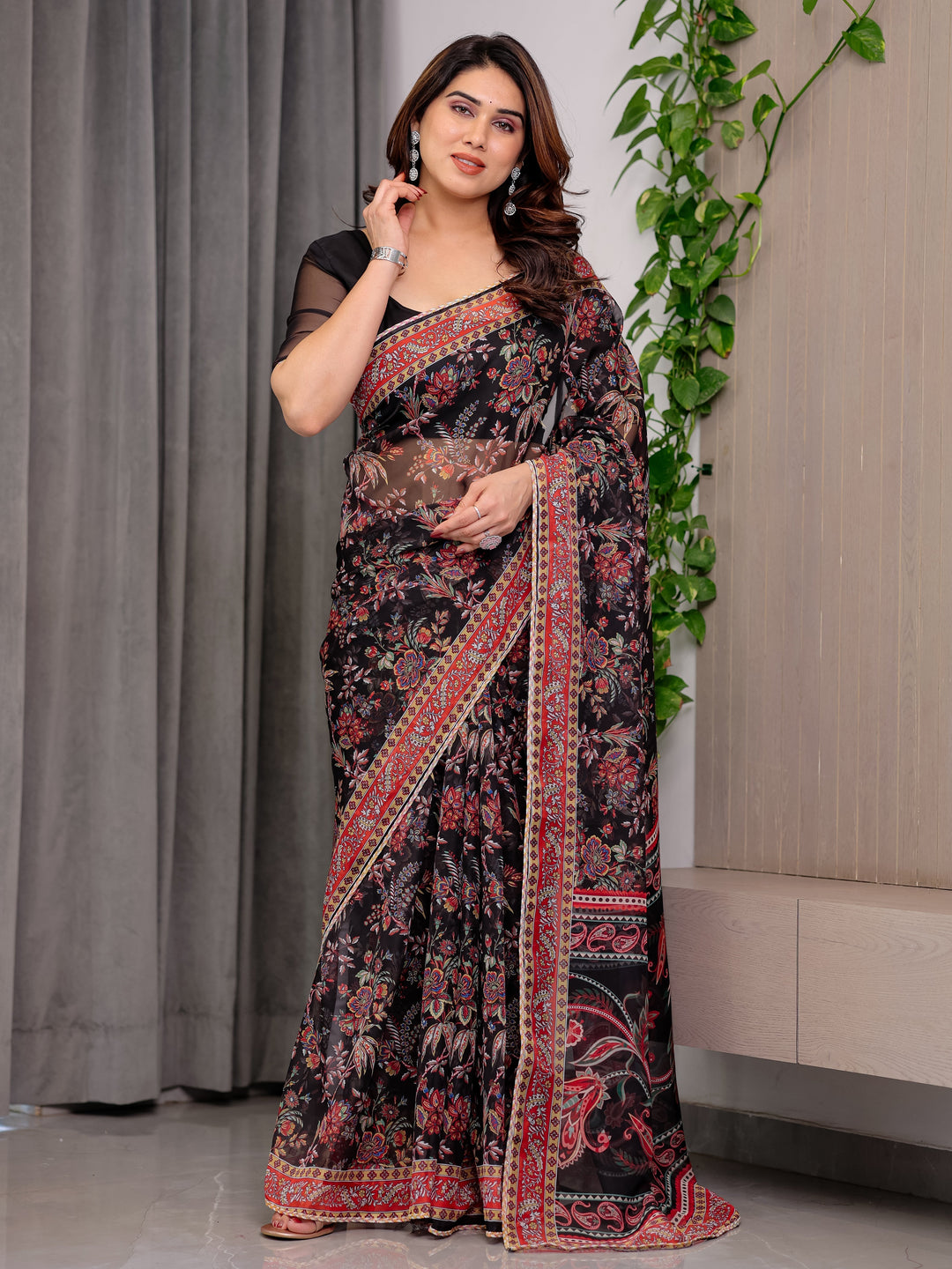 Black Designer Floral Printed Organza Saree with Traditional Paisley Border | Lightweight Sheer Organza Saree with Ethnic Motifs & Attached Blouse Piece | Festive & Party Wear Saree