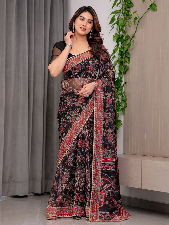 Black Designer Floral Printed Organza Saree with Traditional Paisley Border | Lightweight Sheer Organza Saree with Ethnic Motifs & Attached Blouse Piece | Festive & Party Wear Saree