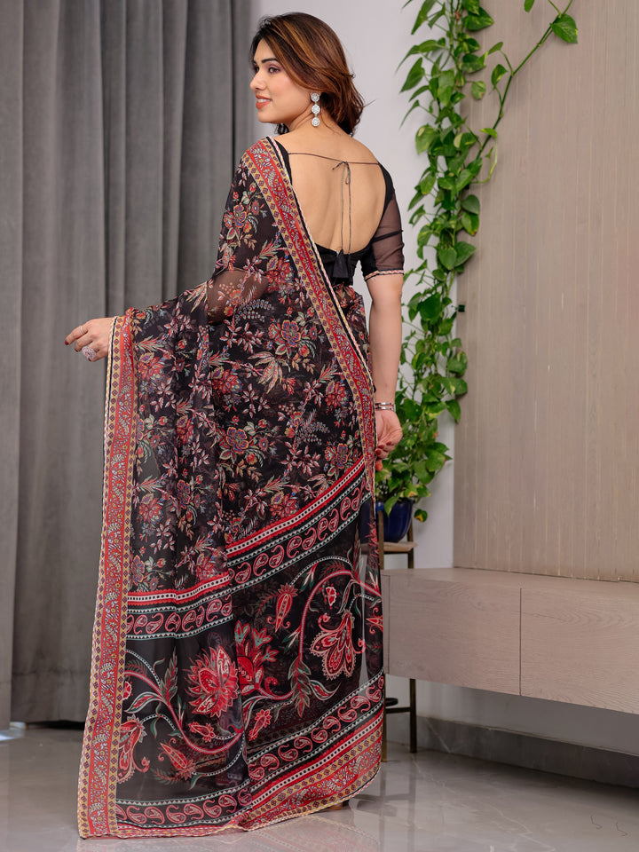 Black Designer Floral Printed Organza Saree with Traditional Paisley Border | Lightweight Sheer Organza Saree with Ethnic Motifs & Attached Blouse Piece | Festive & Party Wear Saree