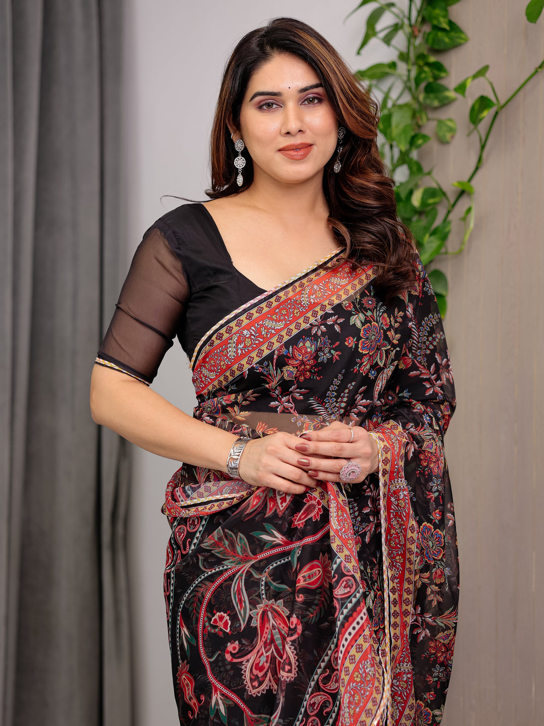 Black Designer Floral Printed Organza Saree with Traditional Paisley Border | Lightweight Sheer Organza Saree with Ethnic Motifs & Attached Blouse Piece | Festive & Party Wear Saree