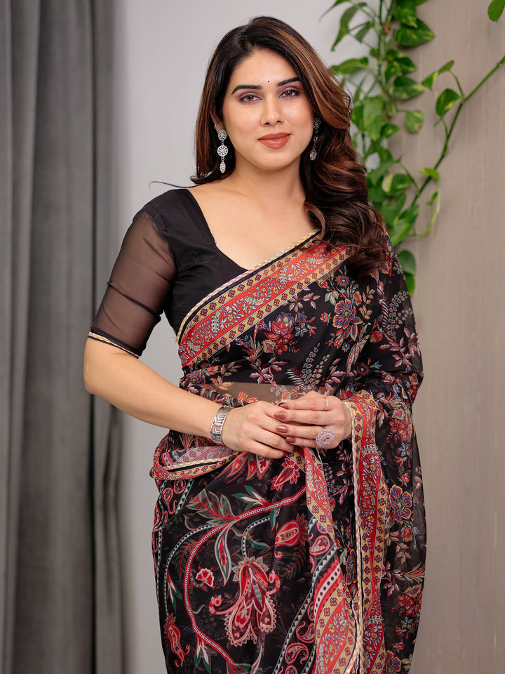 Black Designer Floral Printed Organza Saree with Traditional Paisley Border | Lightweight Sheer Organza Saree with Ethnic Motifs & Attached Blouse Piece | Festive & Party Wear Saree