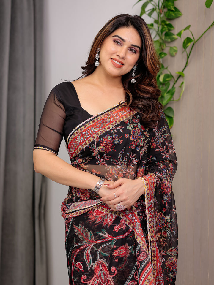 Black Designer Floral Printed Organza Saree with Traditional Paisley Border | Lightweight Sheer Organza Saree with Ethnic Motifs & Attached Blouse Piece | Festive & Party Wear Saree