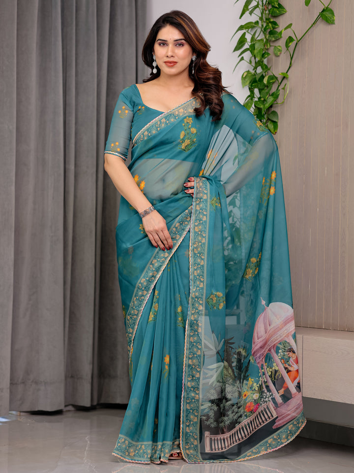 Teal Green Scenic Printed Organza Saree with Garden Pavilion Artwork Pallu | Designer Lightweight Organza Saree with Floral Motifs & Decorative Border | Festive & Party Wear Saree with Blouse Piece