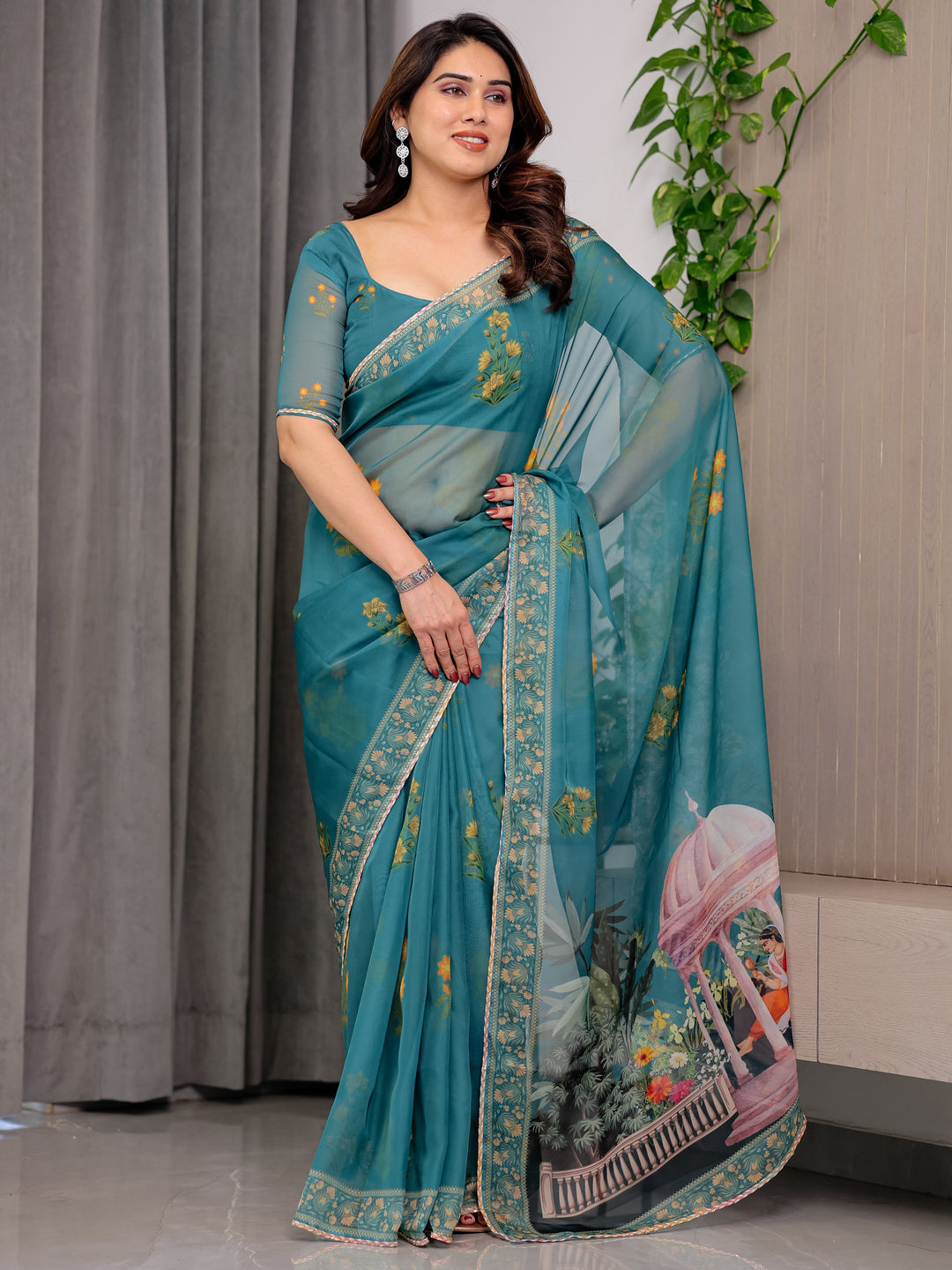 Teal Green Scenic Printed Organza Saree with Garden Pavilion Artwork Pallu | Designer Lightweight Organza Saree with Floral Motifs & Decorative Border | Festive & Party Wear Saree with Blouse Piece