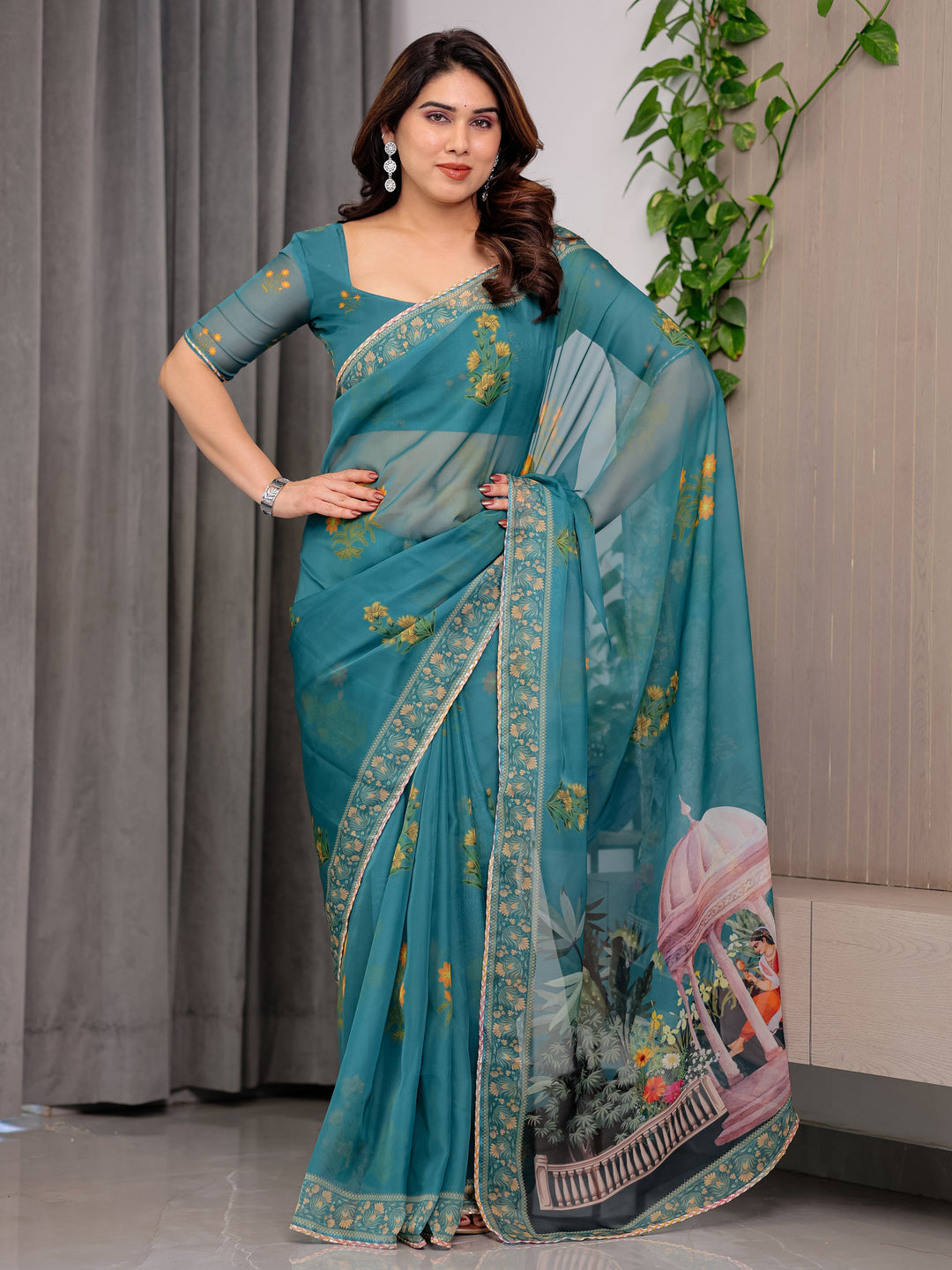 Teal Green Scenic Printed Organza Saree with Garden Pavilion Artwork Pallu | Designer Lightweight Organza Saree with Floral Motifs & Decorative Border | Festive & Party Wear Saree with Blouse Piece