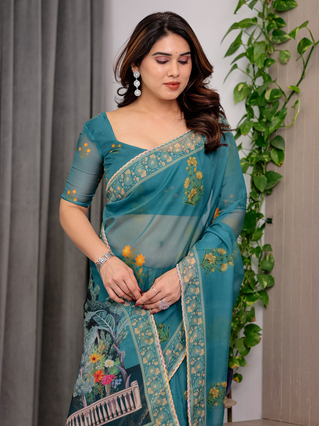 Teal Green Scenic Printed Organza Saree with Garden Pavilion Artwork Pallu | Designer Lightweight Organza Saree with Floral Motifs & Decorative Border | Festive & Party Wear Saree with Blouse Piece