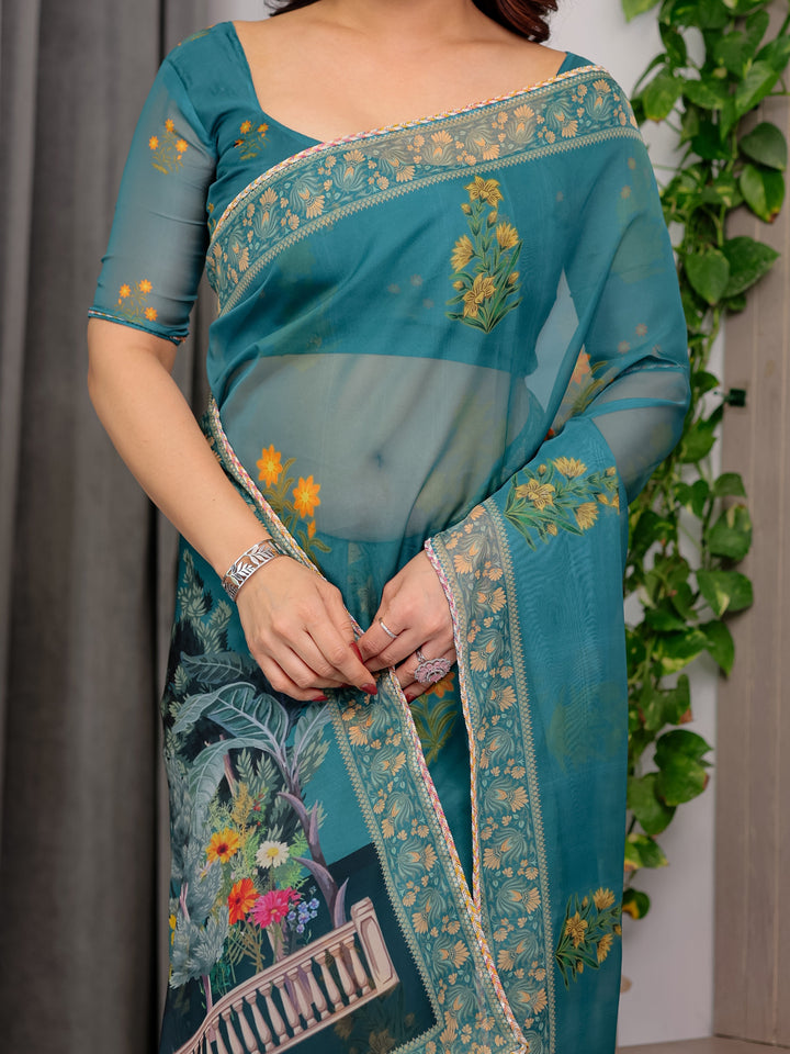Teal Green Scenic Printed Organza Saree with Garden Pavilion Artwork Pallu | Designer Lightweight Organza Saree with Floral Motifs & Decorative Border | Festive & Party Wear Saree with Blouse Piece