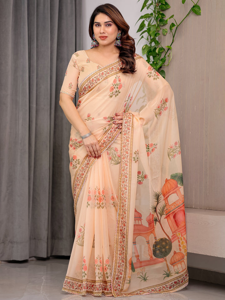 Peach Beige Scenic Printed Organza Saree with Royal Garden Palace Artwork Pallu | Designer Lightweight Organza Saree with Floral Border & Matching Blouse Piece | Festive & Party Wear Saree