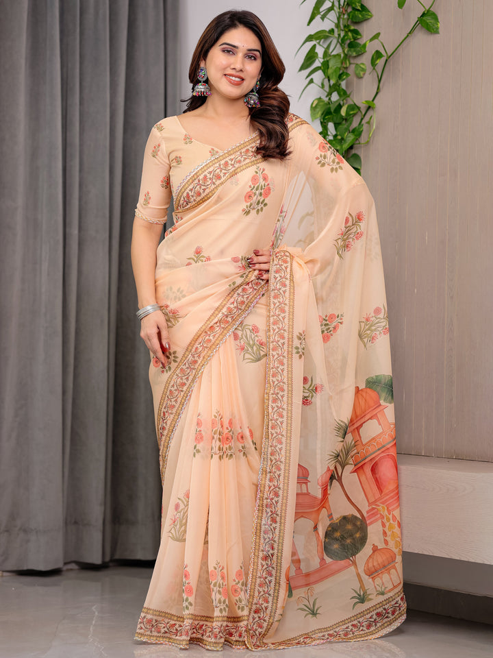 Peach Beige Scenic Printed Organza Saree with Royal Garden Palace Artwork Pallu | Designer Lightweight Organza Saree with Floral Border & Matching Blouse Piece | Festive & Party Wear Saree