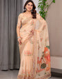 Peach Beige Scenic Printed Organza Saree with Royal Garden Palace Artwork Pallu | Designer Lightweight Organza Saree with Floral Border & Matching Blouse Piece | Festive & Party Wear Saree
