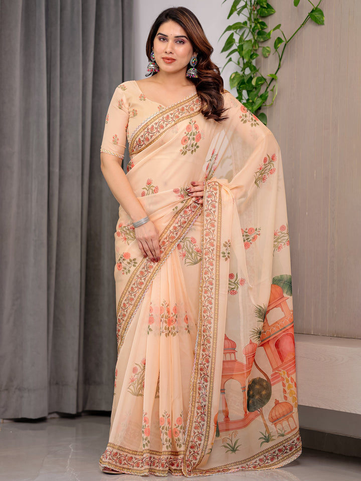 Peach Beige Scenic Printed Organza Saree with Royal Garden Palace Artwork Pallu | Designer Lightweight Organza Saree with Floral Border & Matching Blouse Piece | Festive & Party Wear Saree