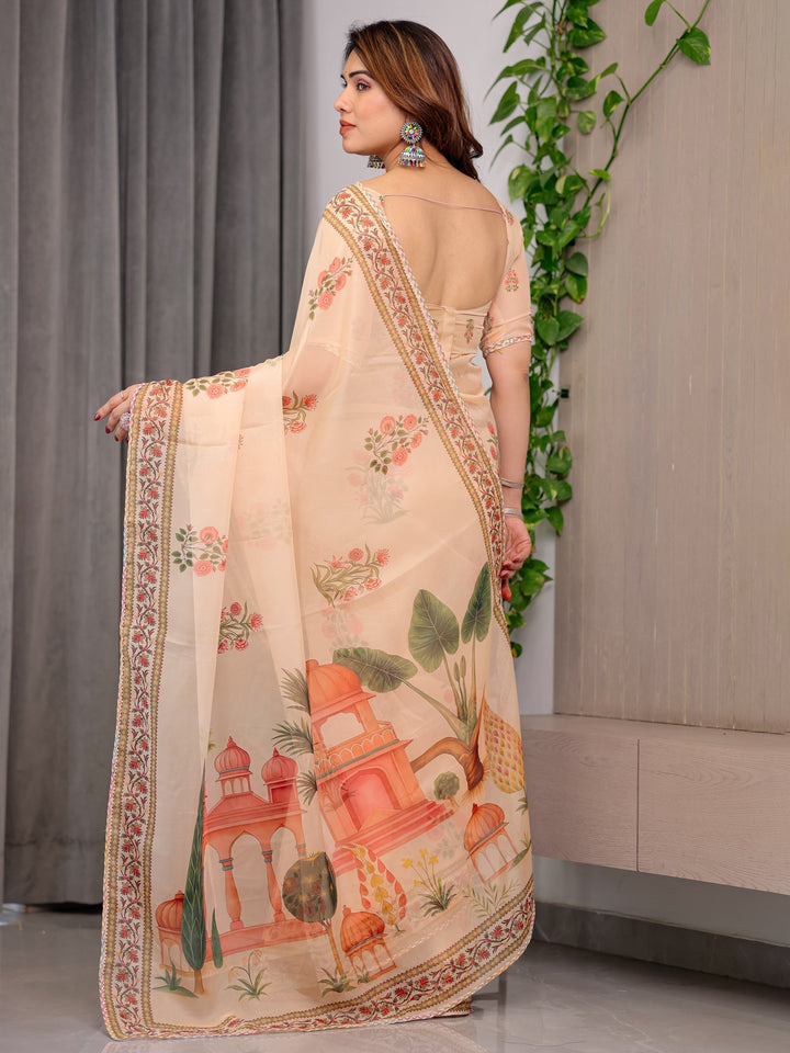Peach Beige Scenic Printed Organza Saree with Royal Garden Palace Artwork Pallu | Designer Lightweight Organza Saree with Floral Border & Matching Blouse Piece | Festive & Party Wear Saree