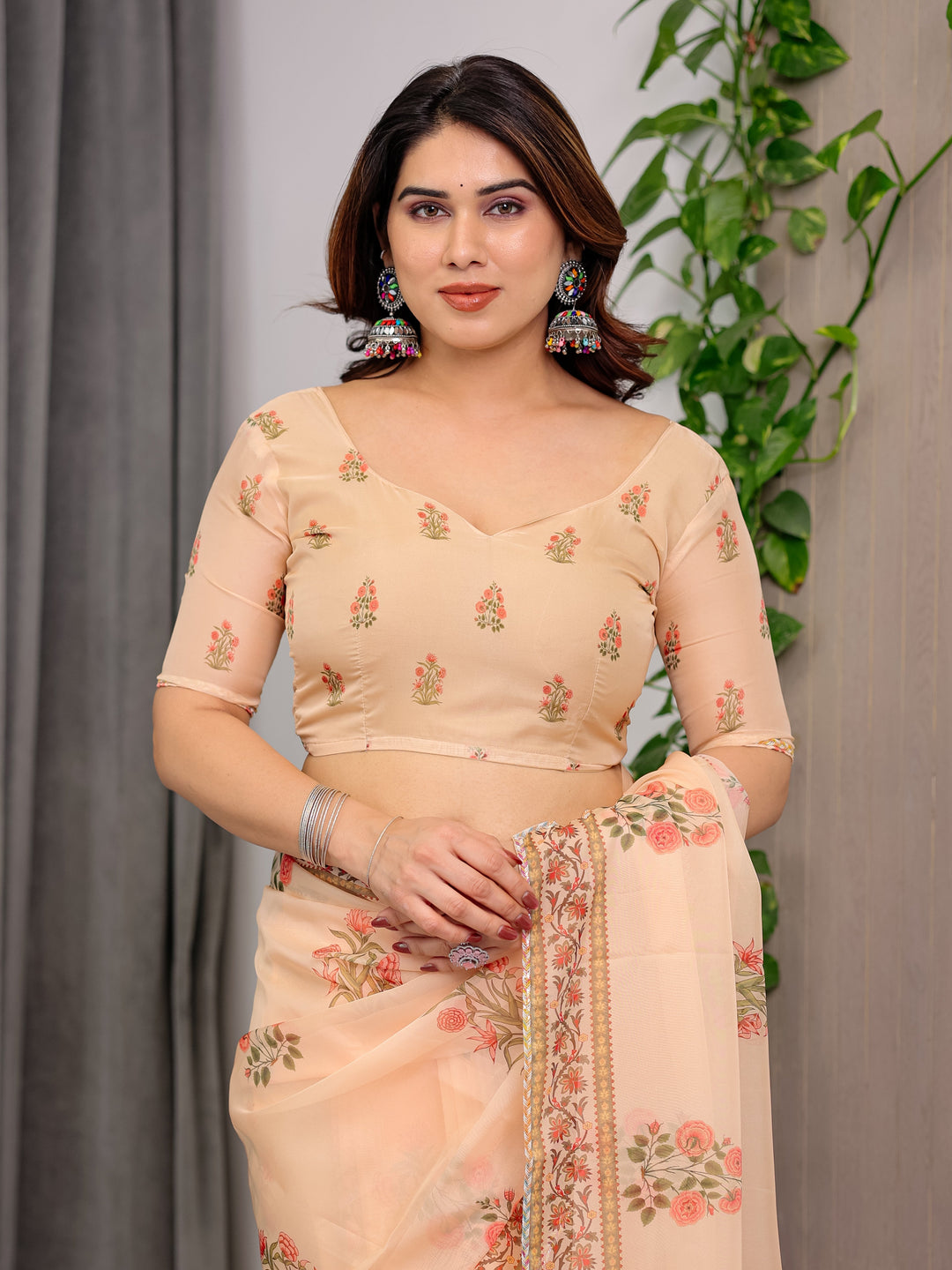 Peach Beige Scenic Printed Organza Saree with Royal Garden Palace Artwork Pallu | Designer Lightweight Organza Saree with Floral Border & Matching Blouse Piece | Festive & Party Wear Saree
