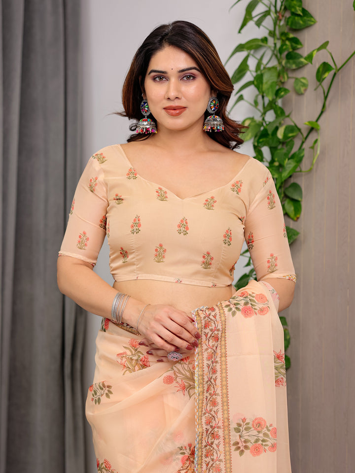 Peach Beige Scenic Printed Organza Saree with Royal Garden Palace Artwork Pallu | Designer Lightweight Organza Saree with Floral Border & Matching Blouse Piece | Festive & Party Wear Saree