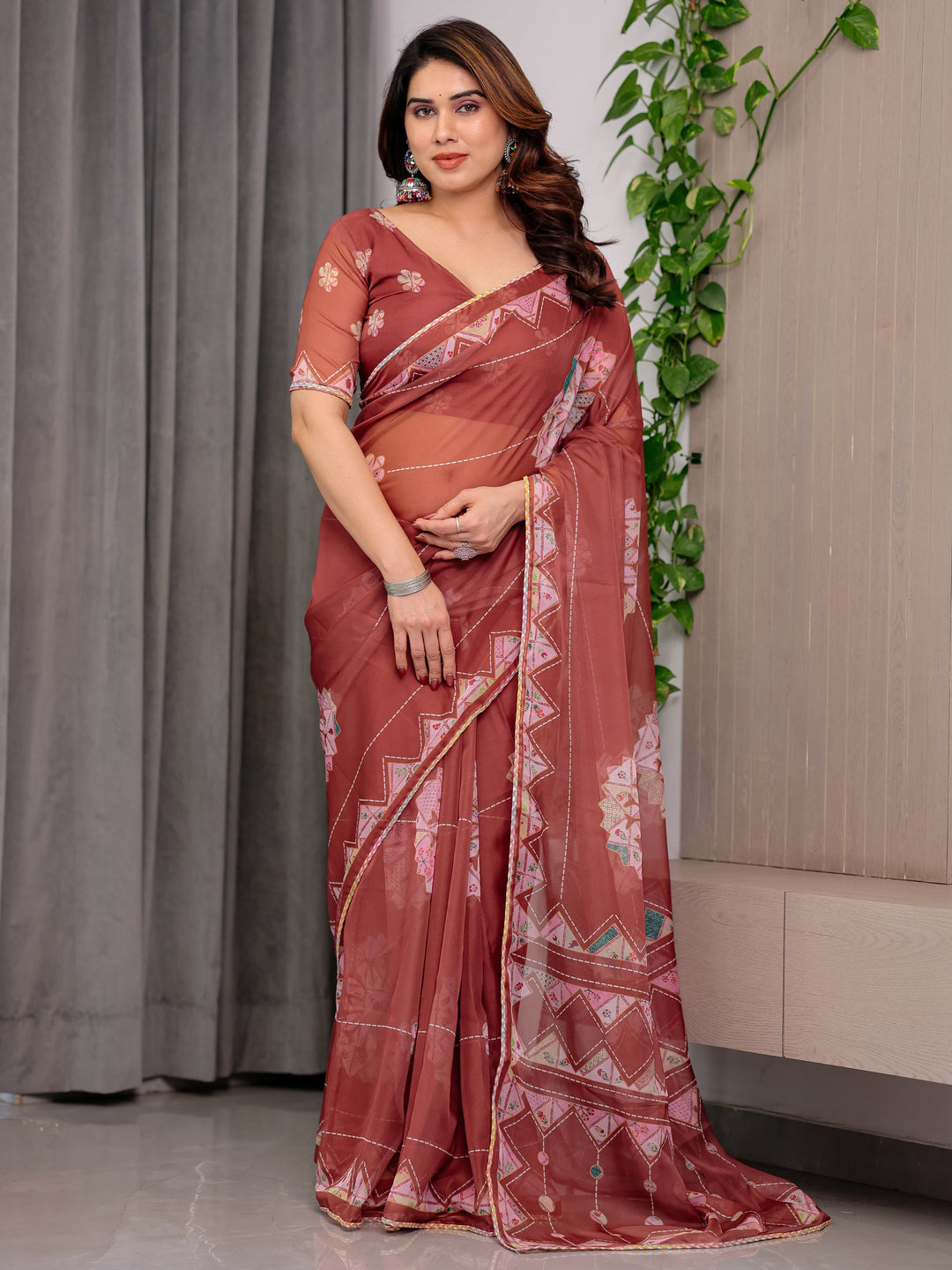 Rust Terracotta Printed Organza Saree with Mandala Motifs & Geometric Border | Designer Lightweight Organza Saree with Multicolour Lace Edge | Festive & Party Wear Saree