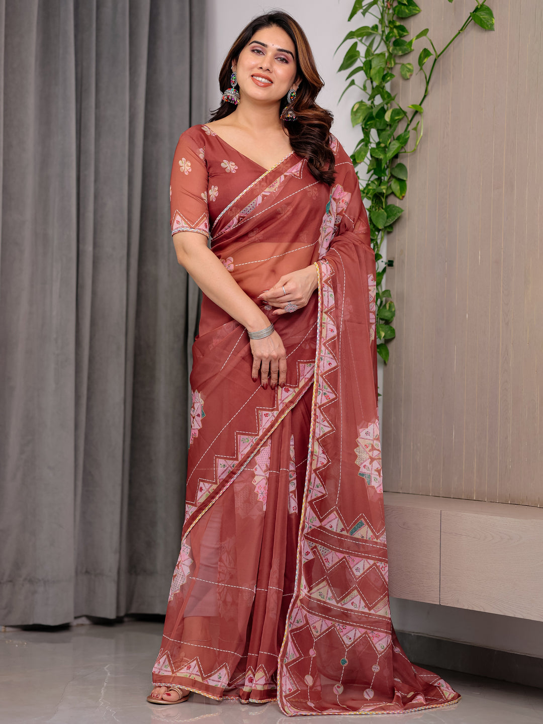 Rust Terracotta Printed Organza Saree with Mandala Motifs & Geometric Border | Designer Lightweight Organza Saree with Multicolour Lace Edge | Festive & Party Wear Saree