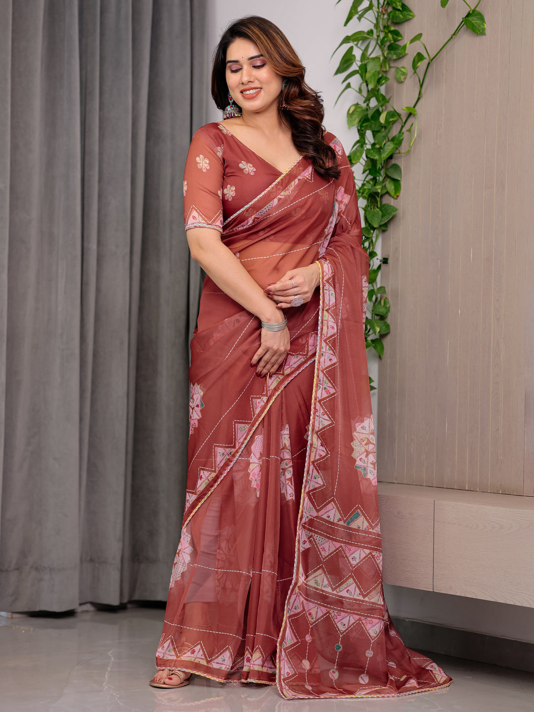 Rust Terracotta Printed Organza Saree with Mandala Motifs & Geometric Border | Designer Lightweight Organza Saree with Multicolour Lace Edge | Festive & Party Wear Saree