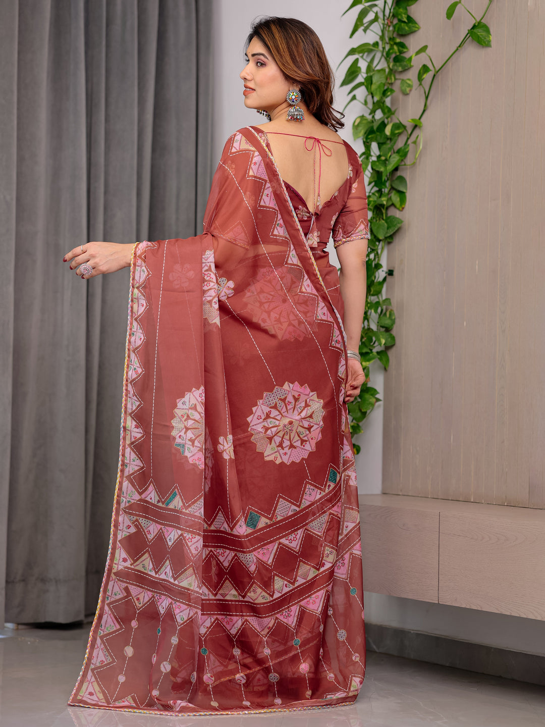 Rust Terracotta Printed Organza Saree with Mandala Motifs & Geometric Border | Designer Lightweight Organza Saree with Multicolour Lace Edge | Festive & Party Wear Saree