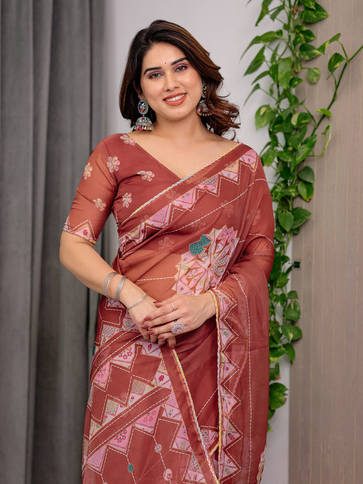 Rust Terracotta Printed Organza Saree with Mandala Motifs & Geometric Border | Designer Lightweight Organza Saree with Multicolour Lace Edge | Festive & Party Wear Saree