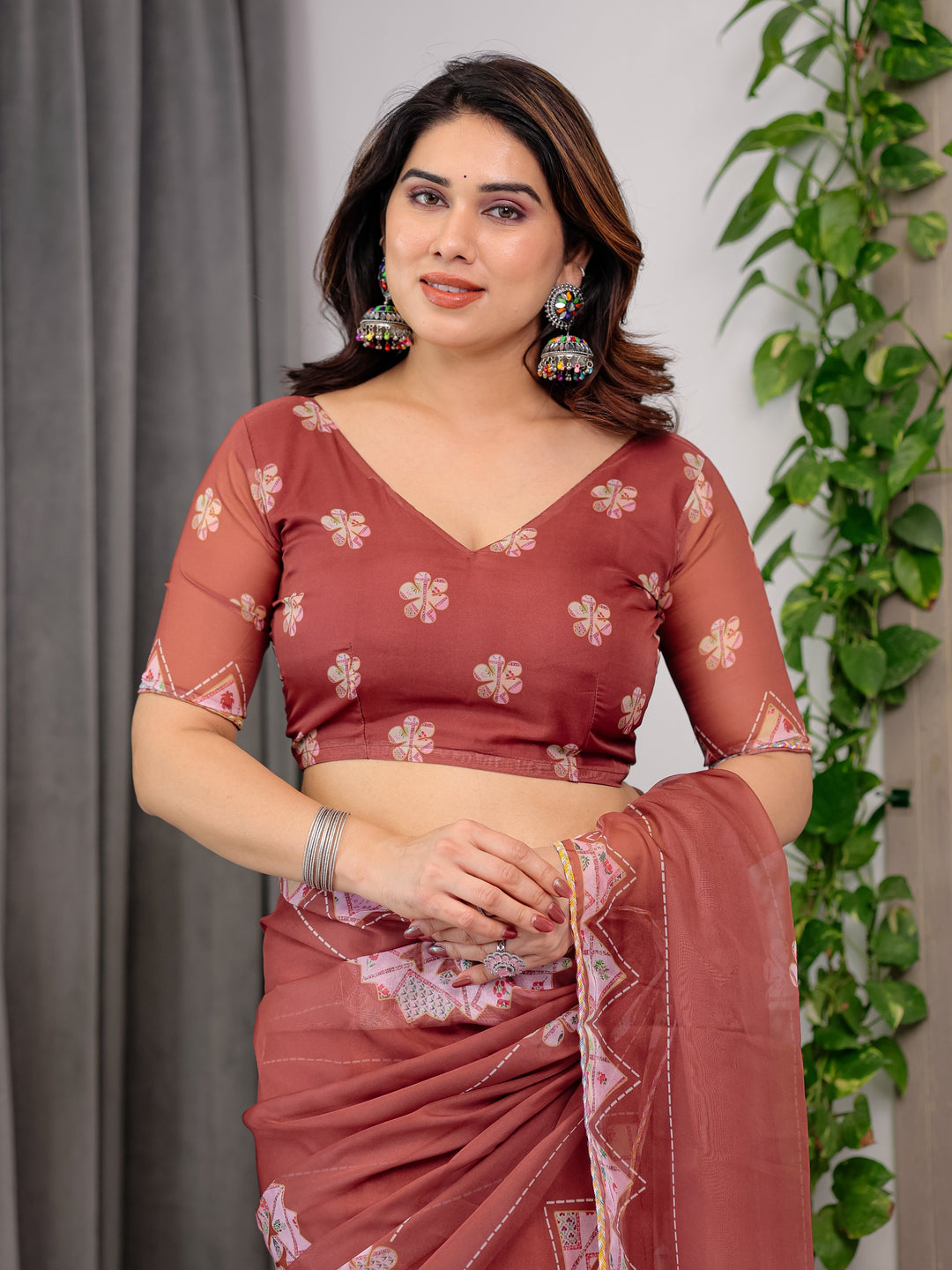 Rust Terracotta Printed Organza Saree with Mandala Motifs & Geometric Border | Designer Lightweight Organza Saree with Multicolour Lace Edge | Festive & Party Wear Saree
