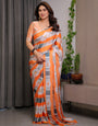 Orange Satin Georgette Floral Printed Saree with Attached Blouse – Lightweight Daisy Print Designer Saree for Festive & Casual Elegance