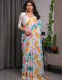 White Satin Georgette Lotus Floral Printed Saree with Attached Blouse – Elegant Watercolor Designer Saree for Festive & Graceful Occasions