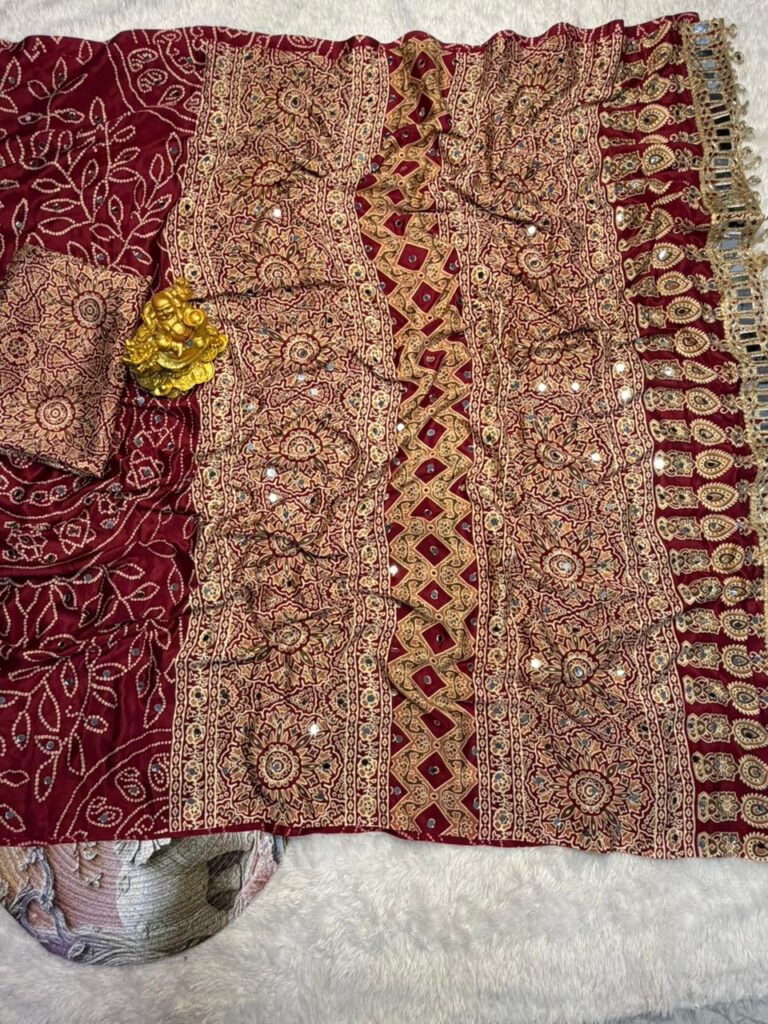 Wine Red Modal Silk Saree with Floral Mandala Print, Mirror Lace Border &amp; Designer Pallu | Festive Wear Saree