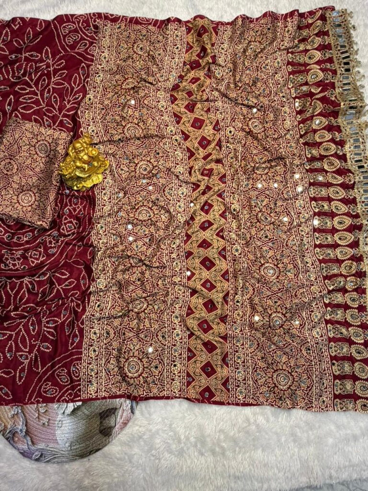 Wine Red Modal Silk Saree with Floral Mandala Print, Mirror Lace Border &amp; Designer Pallu | Festive Wear Saree