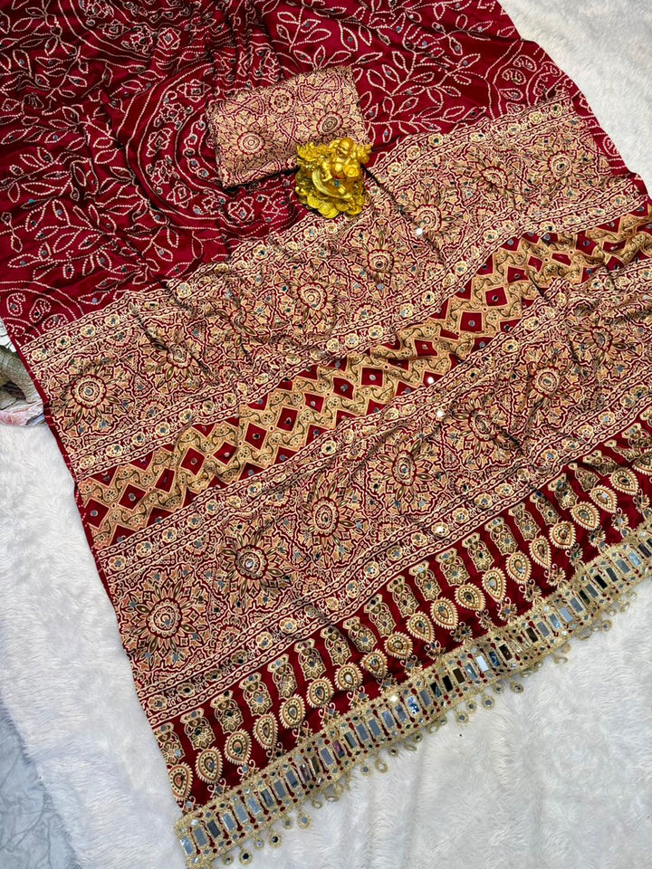 Wine Red Modal Silk Saree with Floral Mandala Print, Mirror Lace Border &amp; Designer Pallu | Festive Wear Saree